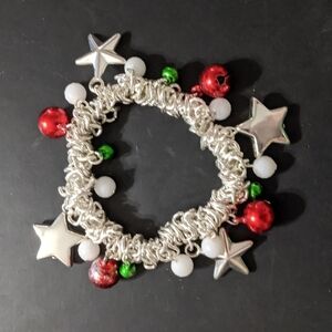 Silver Tone Stars Red and Green Bells White Beads Stretchy Statement Bracelet